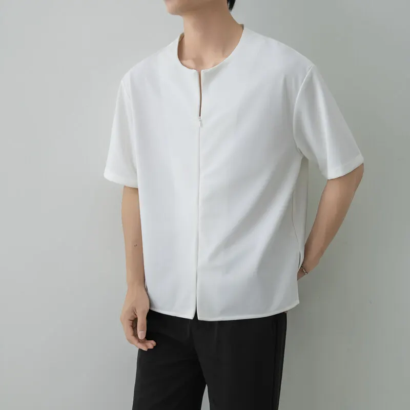 

Summer Collarless Solid Color Men's Shirt Chinese Style Casual Loose Embroidered Shirts Short Sleeved Streetwear Social Pullover