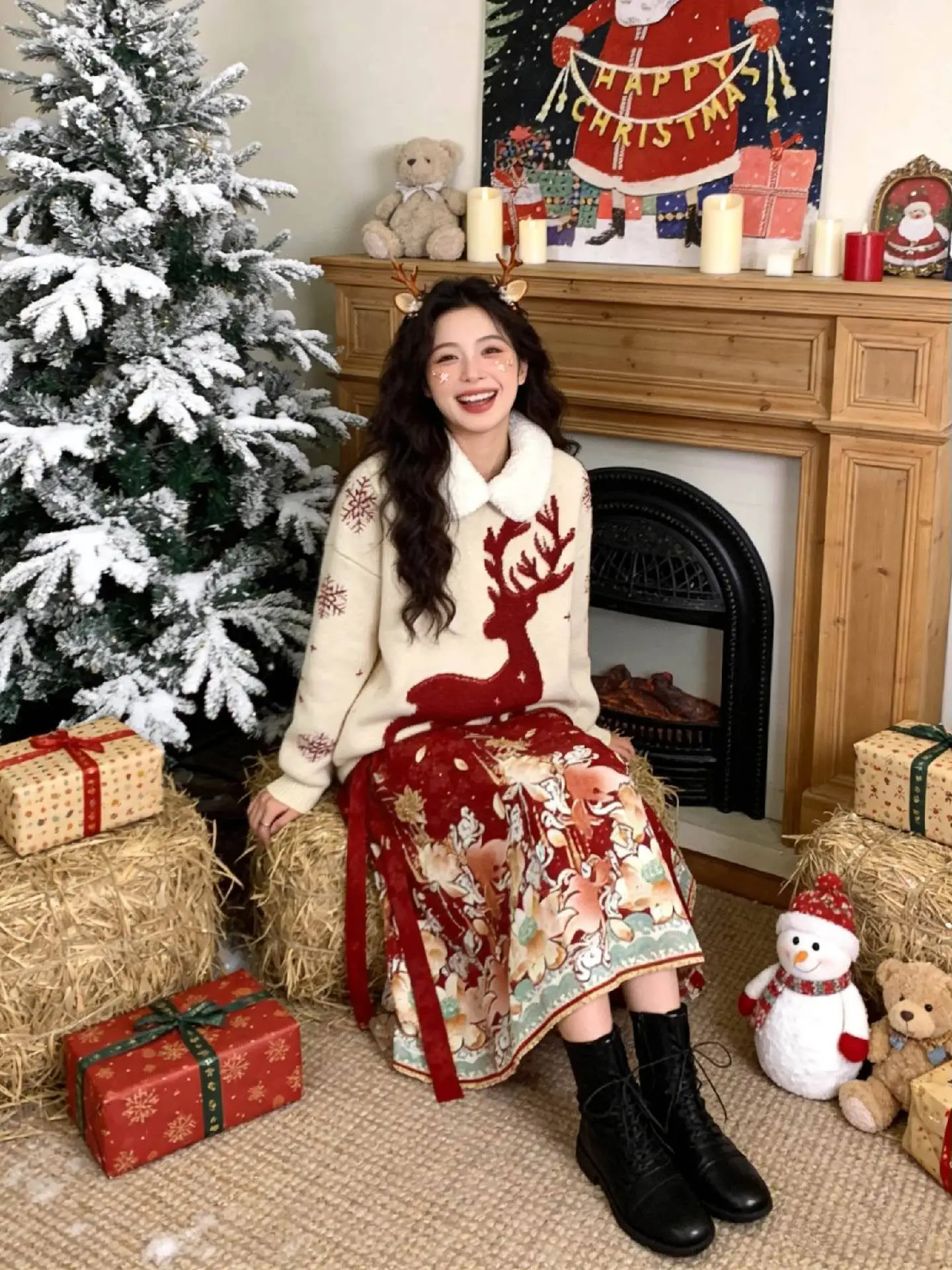 

Cisas Deer, новогодний китайский комплект Sle Faion, свитер с кукольным воротником, комплект с юбкой, повседневная зимняя коллекция средней длины