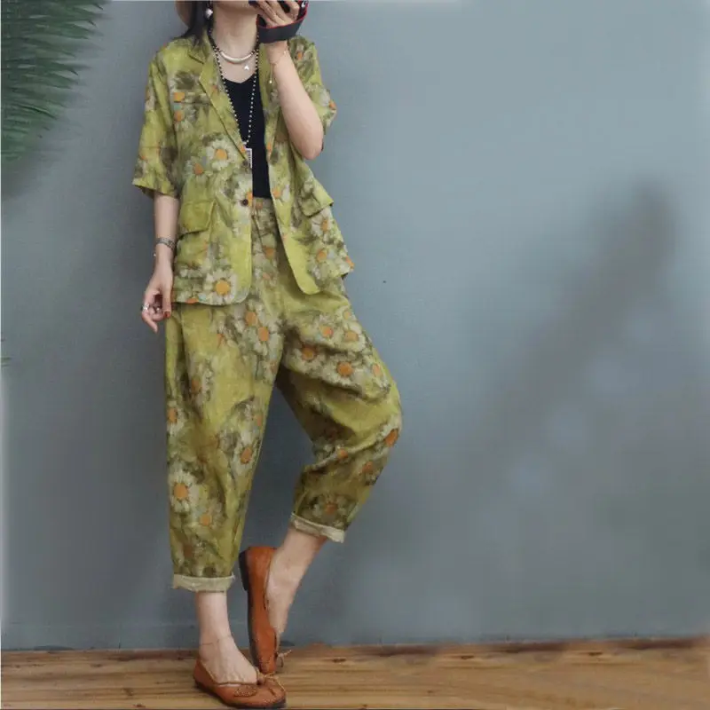 Linen Suit Women 2024 Summer Short Sleeve Korean Floral Printed Cotton And Linen Blazer Jacket + Harlan Pants 2 Piece Set H1115