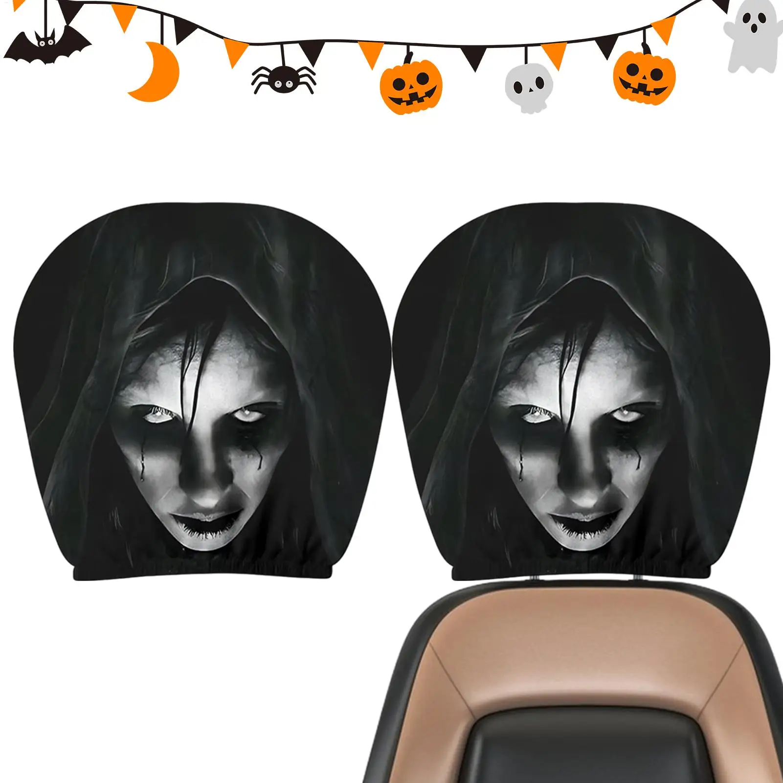 Car Headrest Covers 2Pcs Horror Face Funny Mask Novelty Seat Protector Halloween Costume Interior Decor for Auto Truck