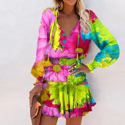 V-Neck Lace Up Mini Dress Popular Breathable Waist Tight Long Sleeve Colorful Floral Print Ruffle Hem Party Dress Female Clothes