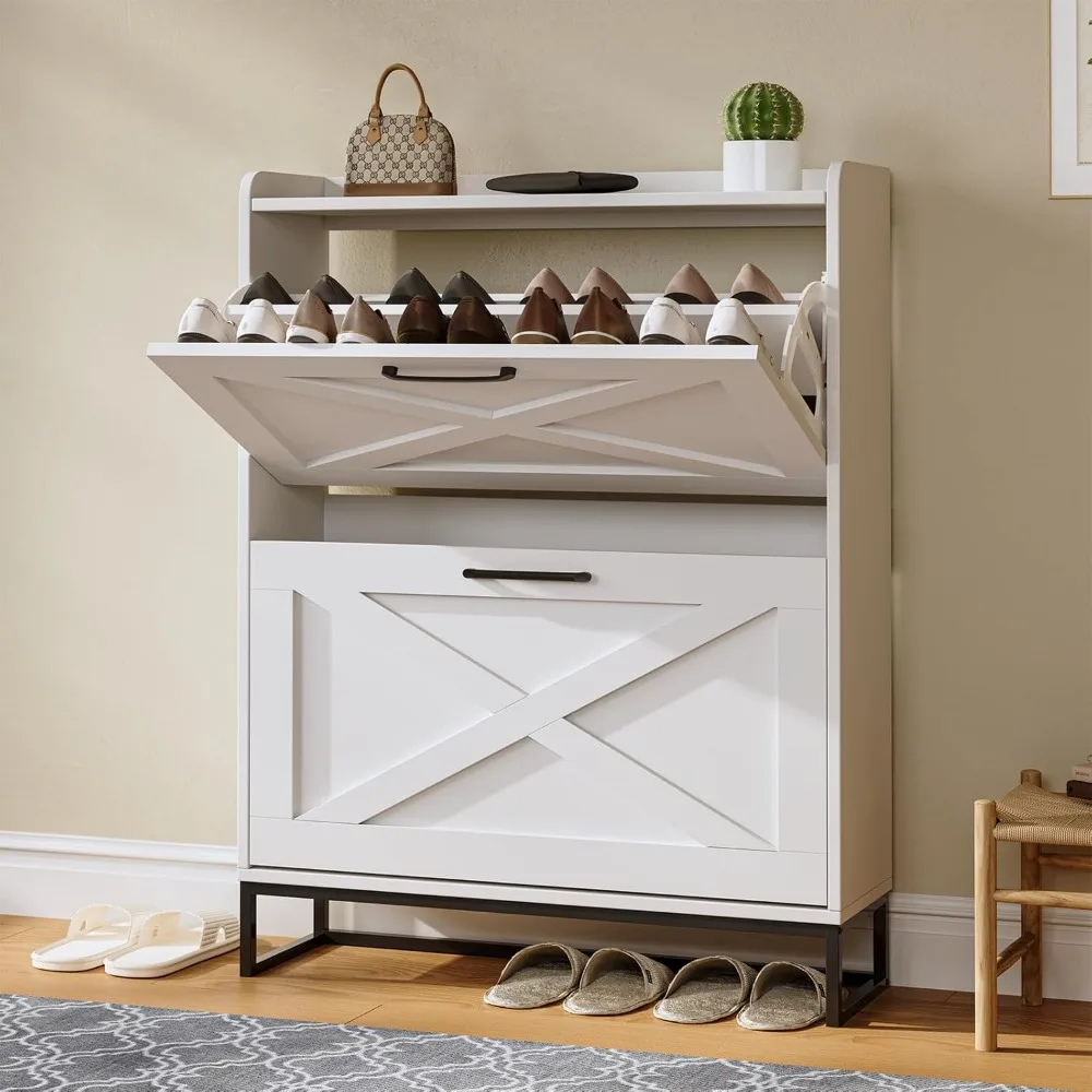 

2 Flip Drawers,Narrow Storage Cabinet&Fluted Shoe Cabinet,Shoe Organizer & Shoe Rack for Entryway,Farmhouse Sl