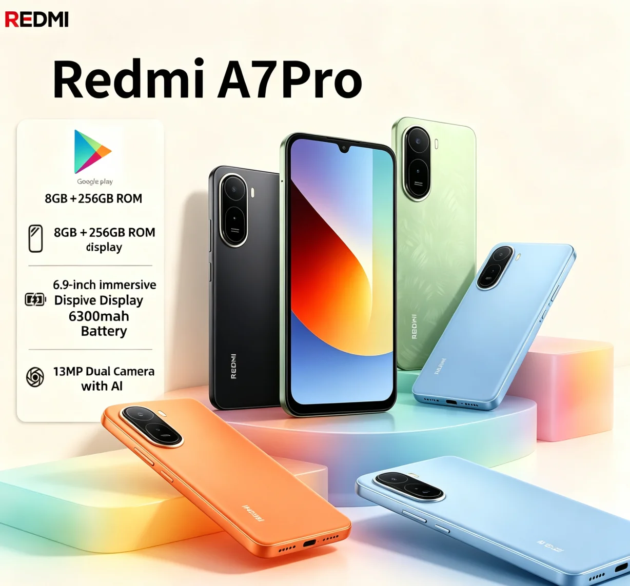 2026 Popular Pick Redmi A7Pro Unlocked Global Smartphone 8GB RAM 256GB ROM 6.9 Inch FHD+ Large Vivid Display Helio G85 For