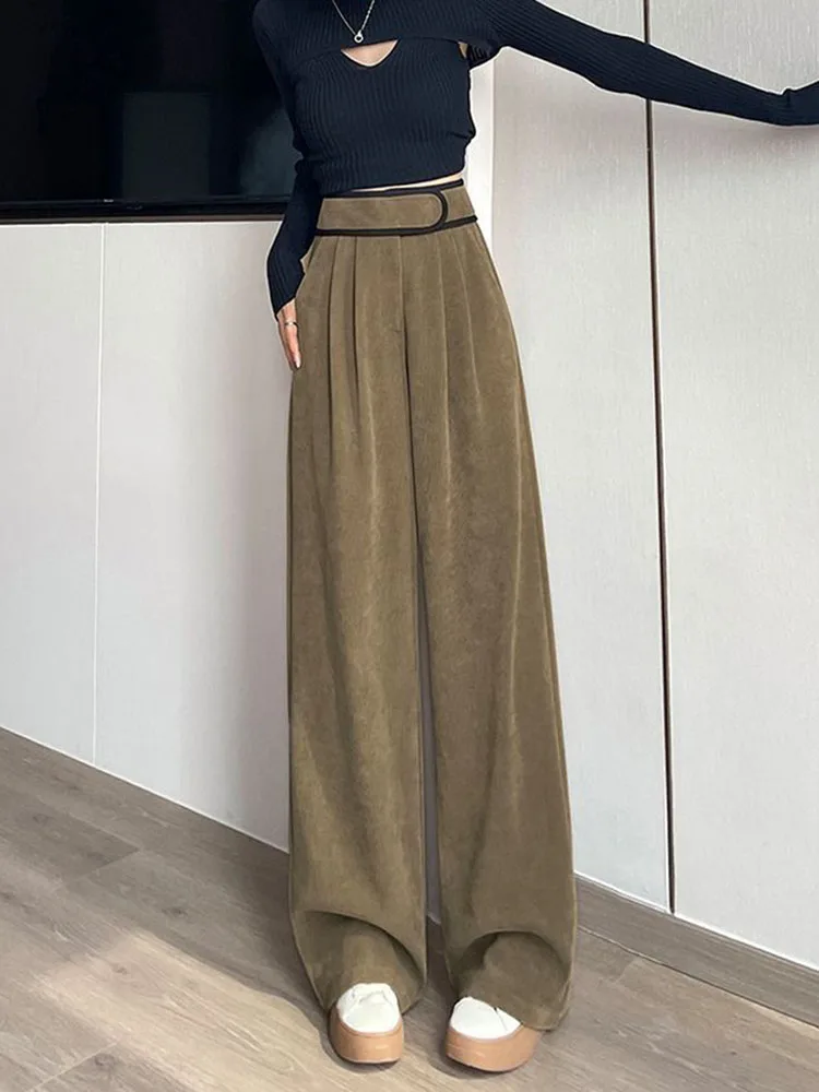 Pantalones de pierna ancha Vintage de cintura alta, Pantalones rectos coreanos a la moda, Pantalones gruesos elásticos sueltos informales para mujer, Calcas