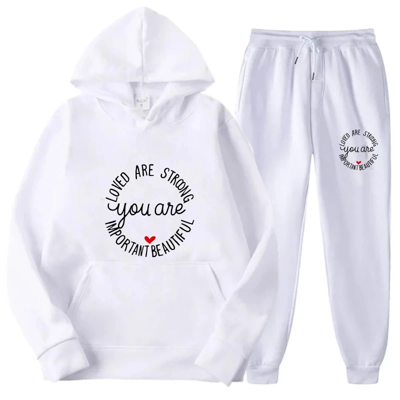 طقم هوديي سويت شيرت وسروال كاجوال مطبوع عليه سلامي أبيض للرجال والنساء، طقم ملابس منزلية مريحة