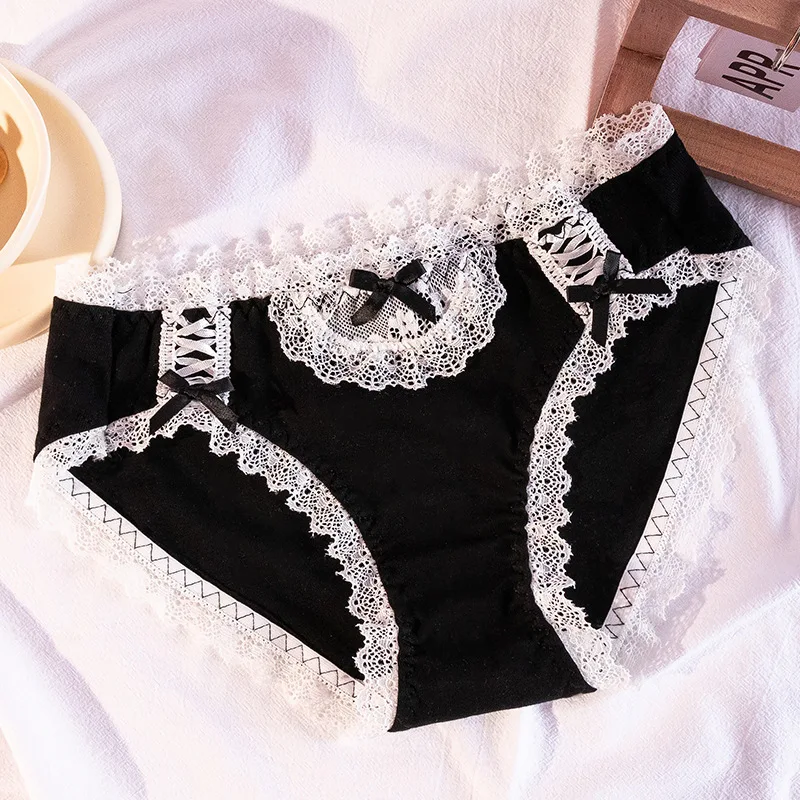 Intimo modale giapponese in bianco e nero ragazza pizzo biancheria intima a vita media cotone carino donne kawaii lingerie mutandine sexy