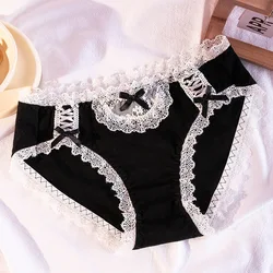 Japanese modal underwear black and white girl lace mid-waist underwear cotton cute women kawaii lingerie panties sexy