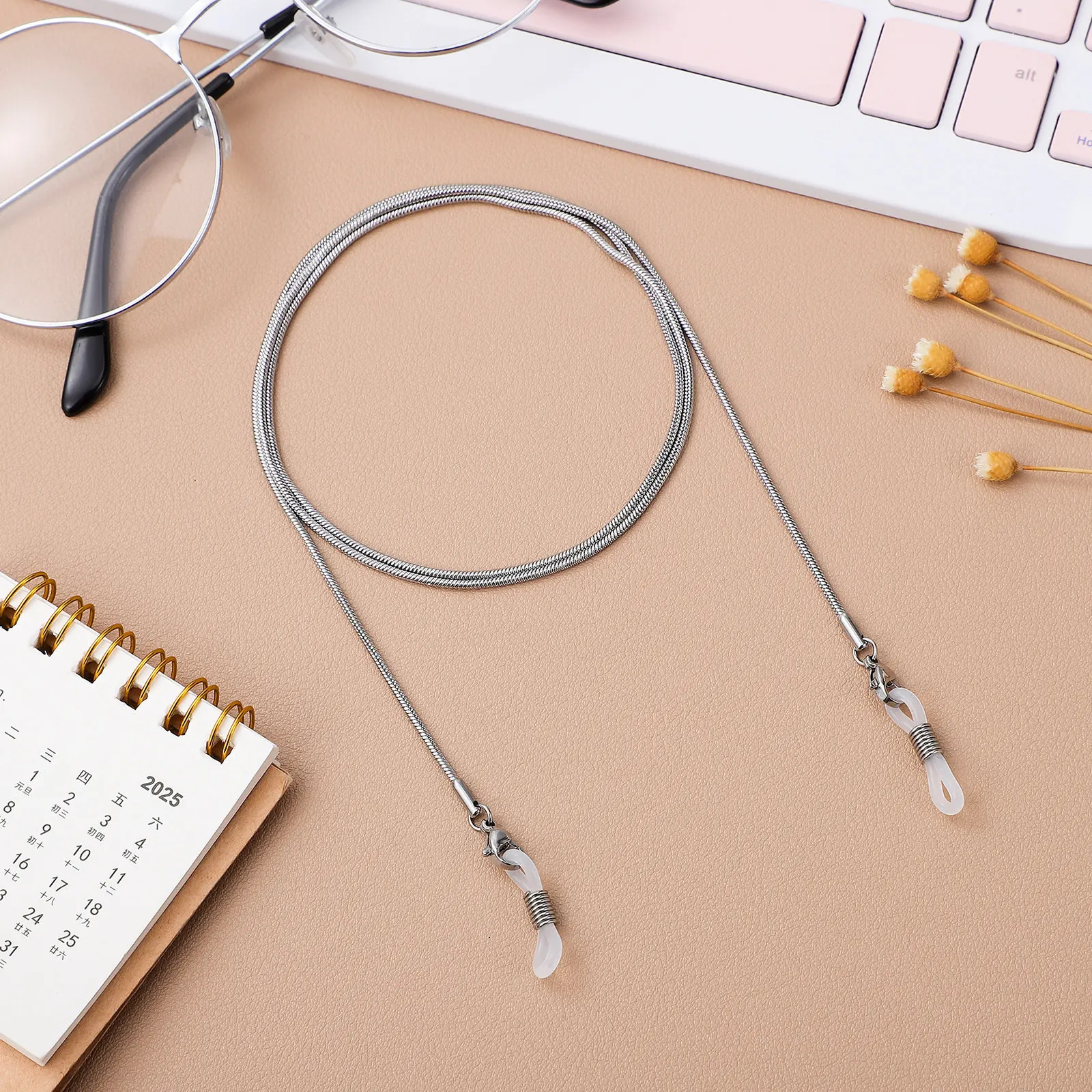

70Cm Stainless Steel Eyeglass Chain Snake Style Non Slip Holder Silver Adjustable Metal Coil Ends 1.5mm Cord Elegant Glasses