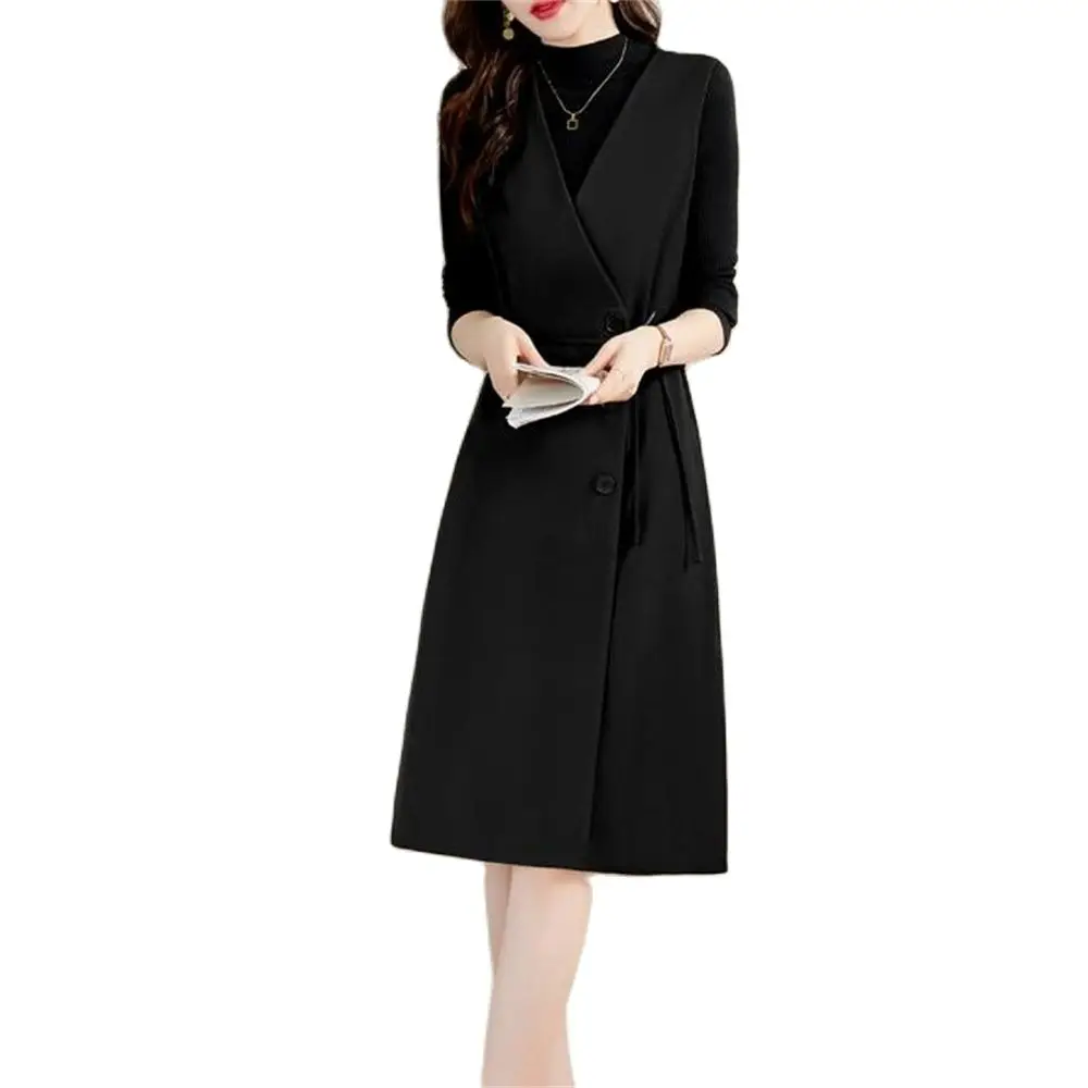 Women's Knee Length Vest Coat with Belt Tank Dresses Overcoat Sleeveless Outerwear Collect Waist Spring Autumn Fashion