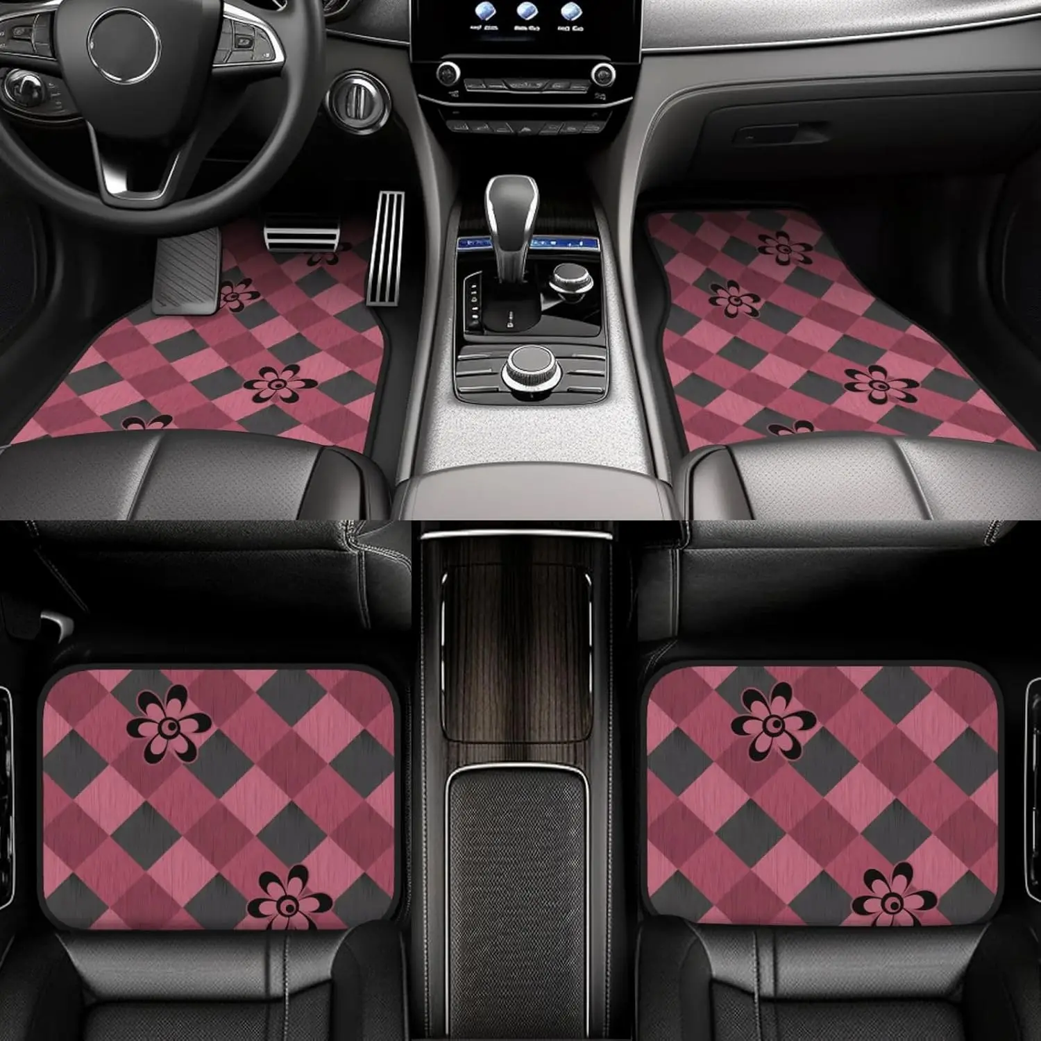 Gray Geometric Checkered Pattern With All-Weather Floor Mats 4pcs Set For SUV Truck Van - Durable Protection