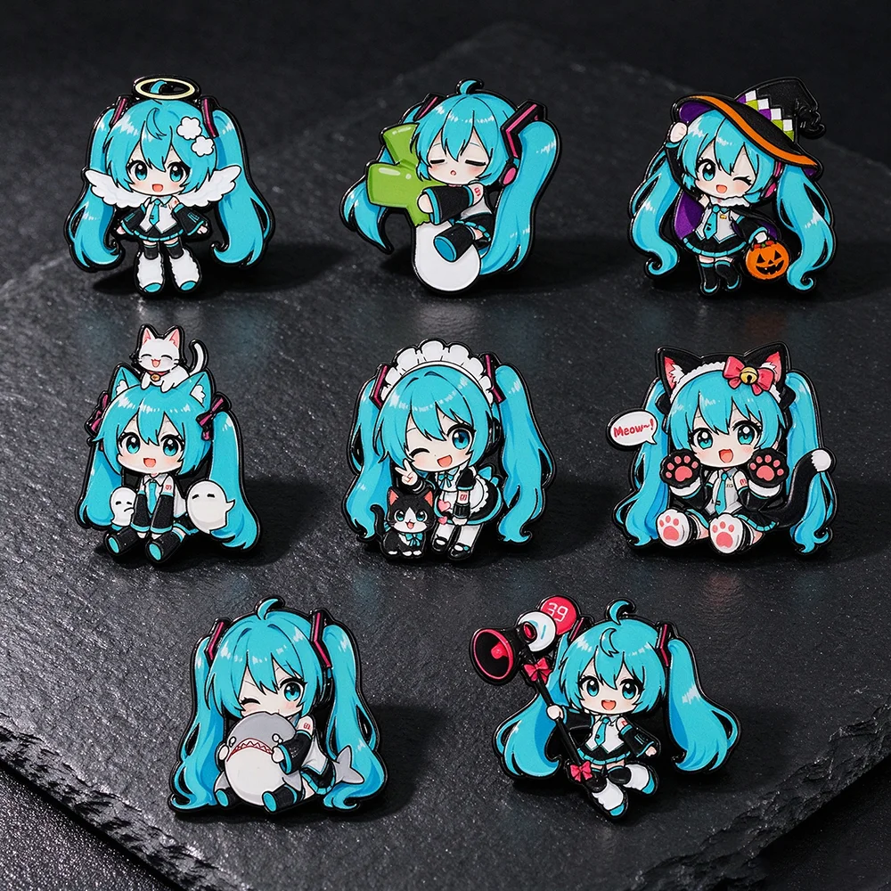 8Pcs Kawaii Chibi Blue Twin Hair Virtual Singer Enamel Brooch Set, Cute Cartoon Character Lapel Pins Lovely Gift for Fans