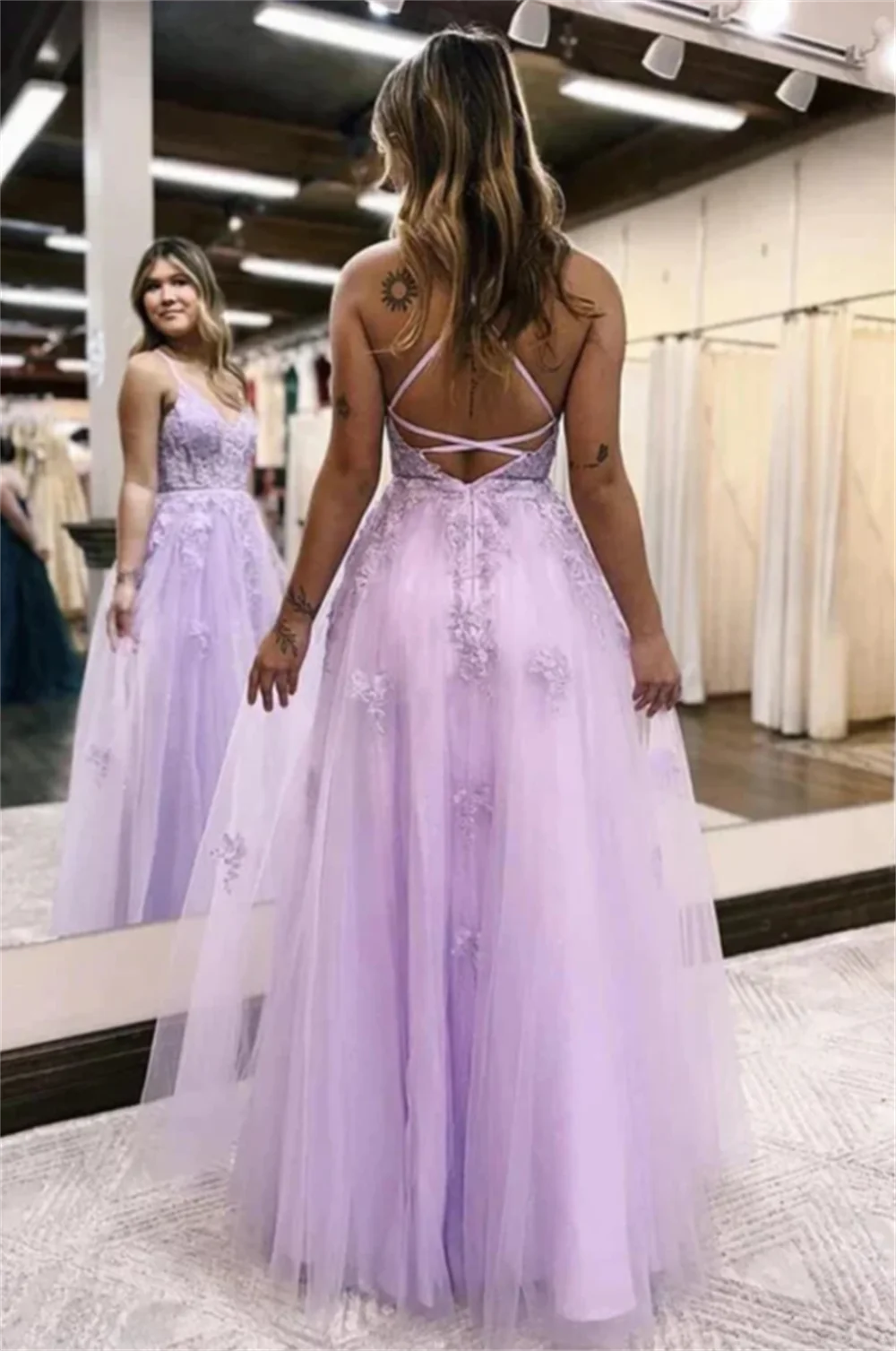 Annie-vestido de noche morado con tirantes finos para mujer, traje de tul bordado con línea A para fiestas, 2024