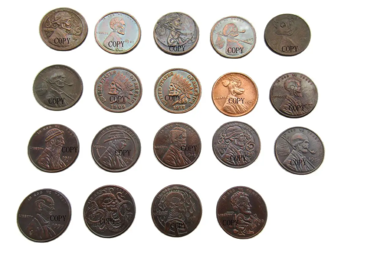 19PCS/lot Copper Mixed Type Hobo Nickel Wheat Penny Or Indian head Copy Coin Collectible Art Collection Gift Metal AntiqueImitat