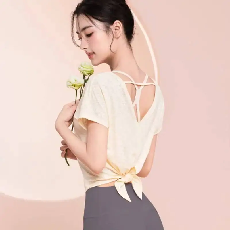 

Women's Autumn Yoga Top Loose 2026 Spring Sports Cover Up White Short Sleeve T Shirt Fitness Wear