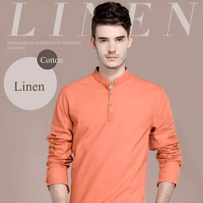 

Мужская однотонная хлопково-льняная рубашка с длинным рукавом, повседневная, больших размеров