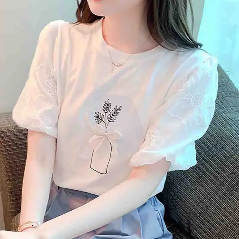 New Splicing Lace Short Sleeve Women\'s T-shirts Cotton Casual Summer White Women Tshirts Sweet Woman Tops Floral Clothes 8545