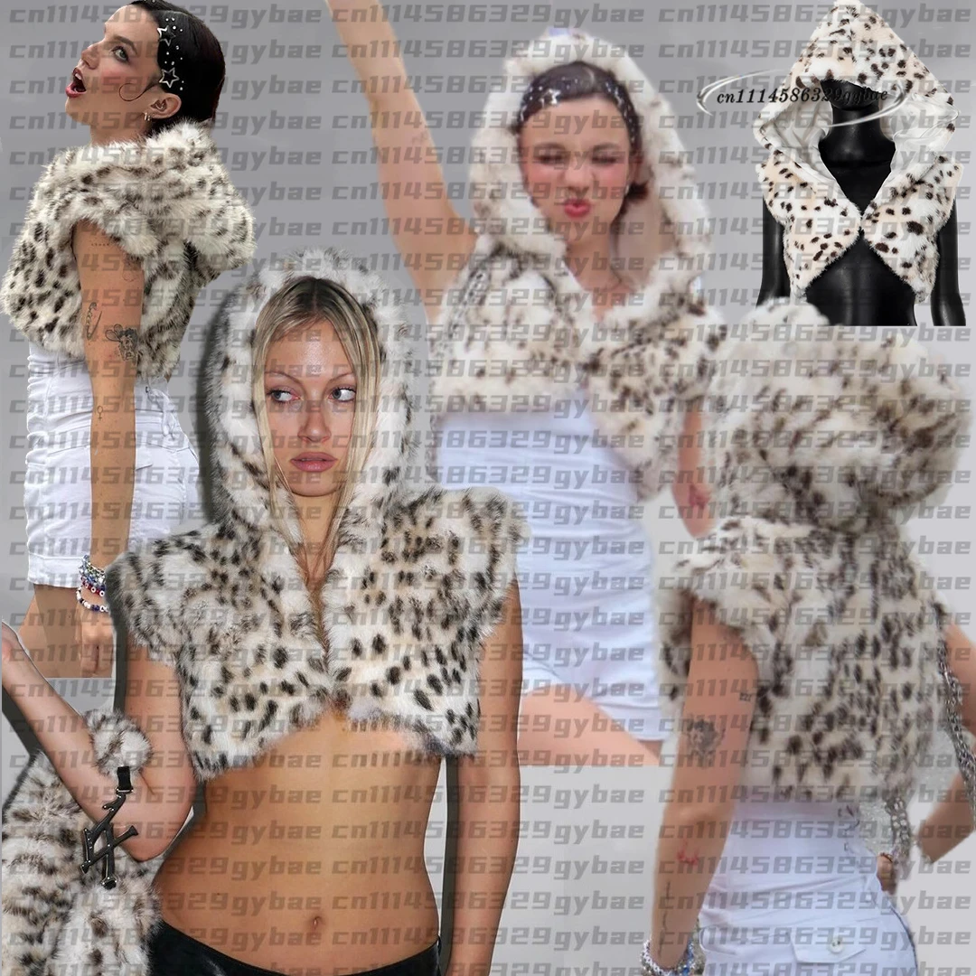 Furry Faux Fur Hooded Hats For Women Men Leopard Print Warm Ring Scarf Balaclava Hat Girls Trendy Coat Scarf Short Tank Top Caps