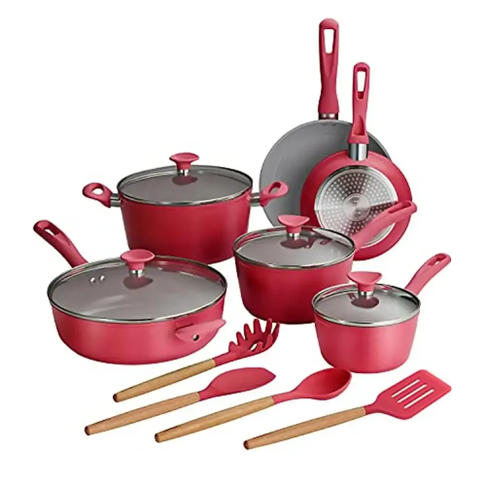 

14-Piece Nonstick Ceramic Cookware Set Induction-Ready Oven Dishwasher Safe Red Fry Pans Sauté Pan Sauce Dutch Oven Utensils