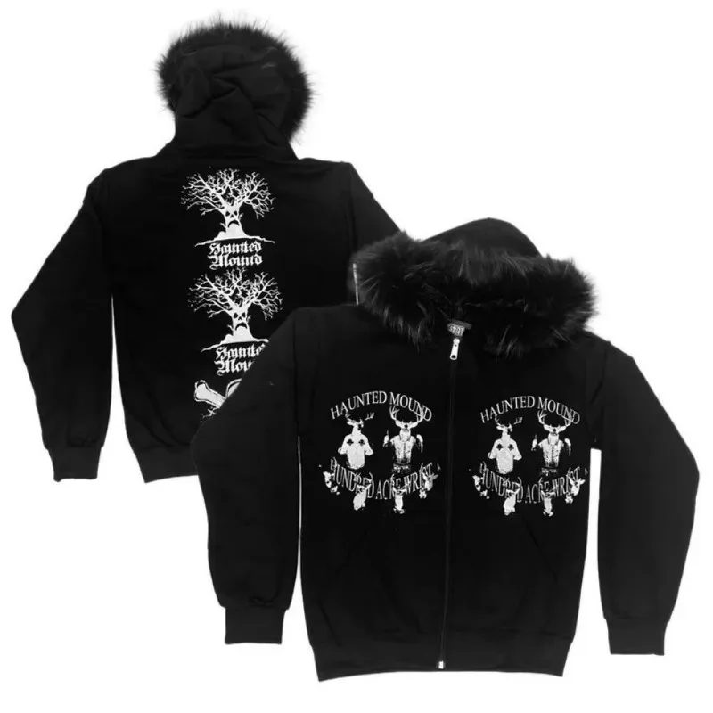

Tik Tok hot American winter new Easter skull letter pattern print hooded fur collar decoration Harajuku street hip-hop punk Y2K