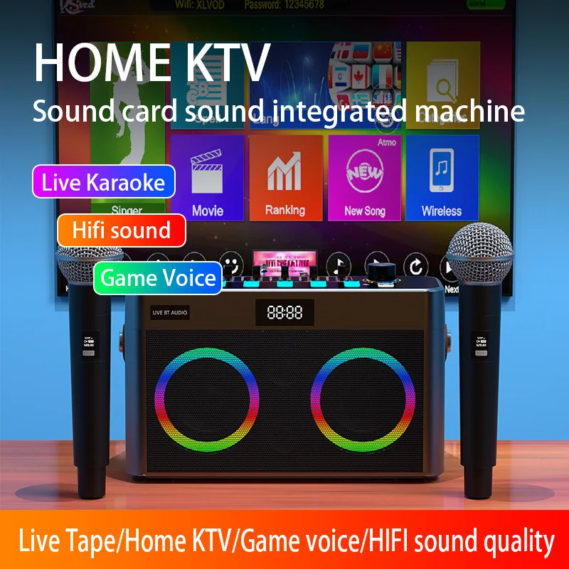 New-Border Sound Card Audio All-in-One Colorful Light Outdoor Singing Family KTV Mobile Phone TV Computer Connecti