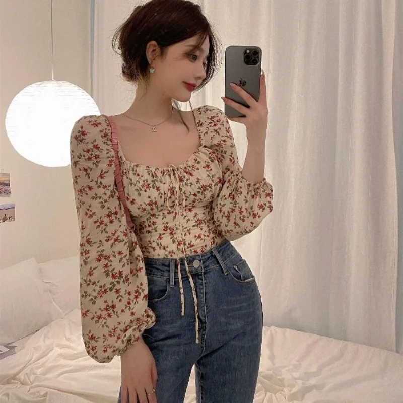 Spuare Collar Blouse Women French Fashion Long Sleeve Spring Vintage Crop Tops Holiday Chic Blusas Femininas College Floral Slim