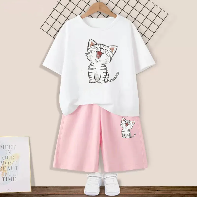 Girls Cute  Happy Cat Printed Clothes Set Kids Summer Fashion Short Sleeve T Shirt+Shorts 2pc Suit Children Outfits