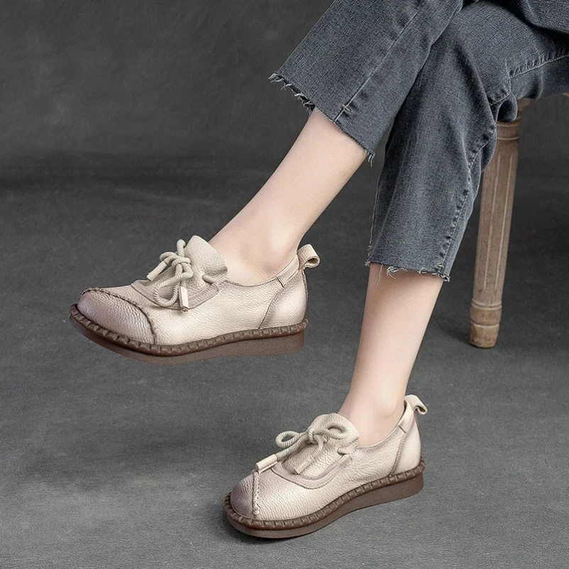 

2025 New Genuine Leather Flats Women Shoes Round Toe Casual Shallow National Style Soft Handmade Concise Ladies Shoes
