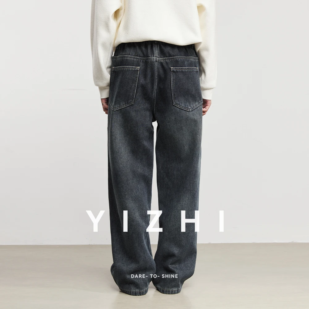 موضة الرجال مبطنة بالصوف غسلها مستقيم الساق الجينز 2025 الخريف الشتاء جديد مرونة الخصر فضفاض عادية العصرية بنطال ذو قصة أرجل واسعة #2