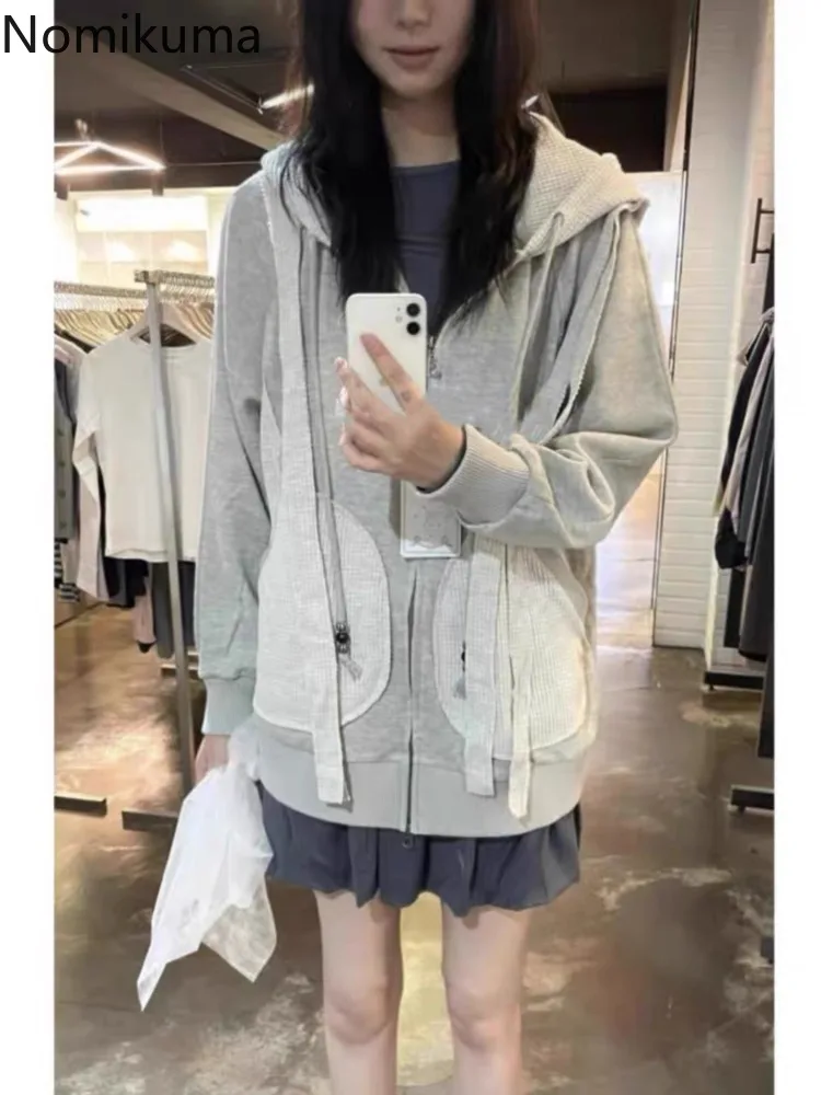 Patchwork Korean Jackets Women's Clothing 2024 Streetwear Casual Hooded Outwear Y2k Tops Bandage Zipper Fashion Coat Ropa Mujer