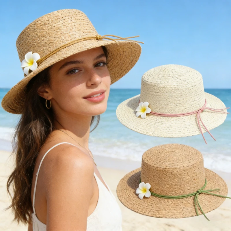 Mädchen-Strohhut mit Blumenmuster und Schleife, atmungsaktiver Sommer-Sonnenhut für Damen, modische UV-Schutz-Webmütze