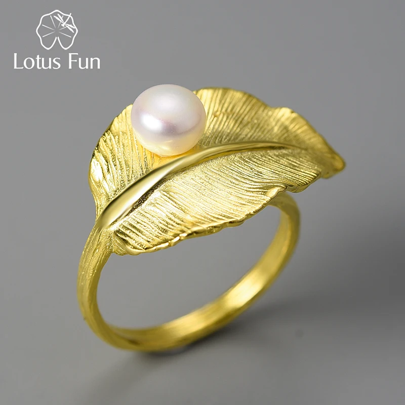 

Lotus Fun 18K Gold Natural Pearl Adjustable Wedding New Leaf Rings for Women Real 925 Sterling Silver Dating Luxury Fine Jewelry