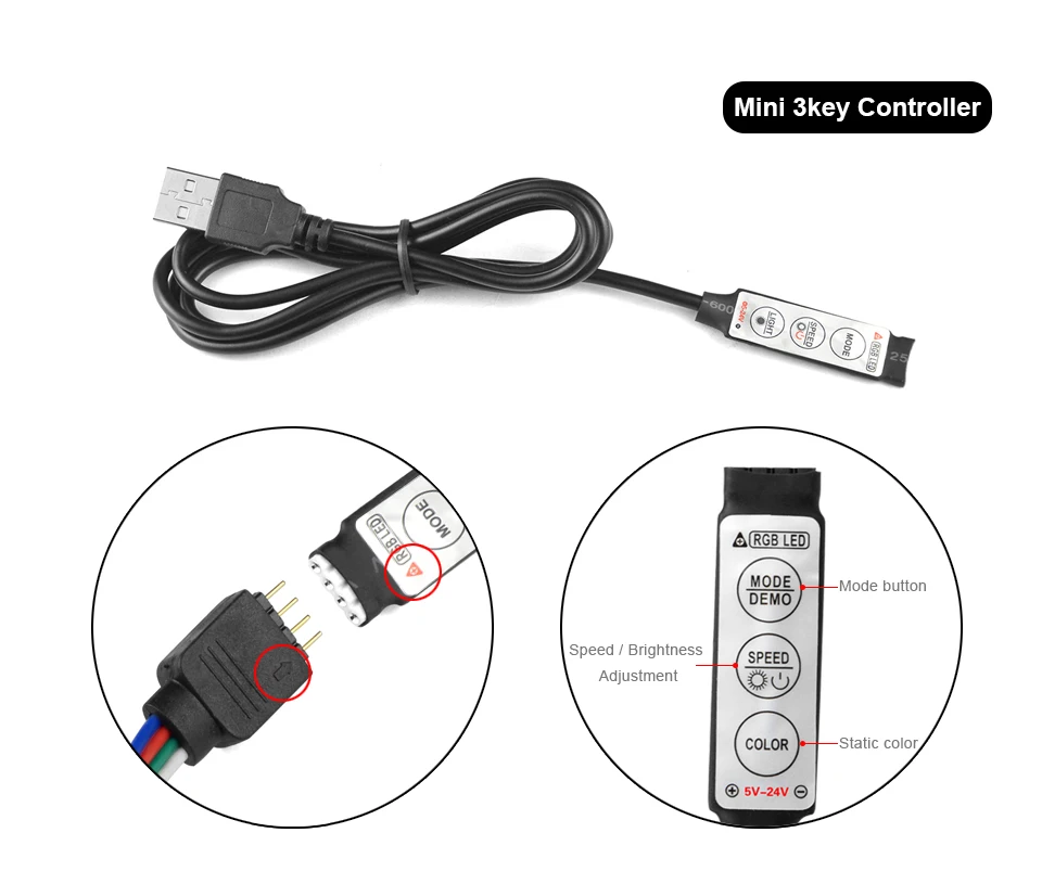 50CM USB DC5V Cabo Conector Linha de Controle para RGB LED Strip 3 Chaves 4 Pinos Switch Wire