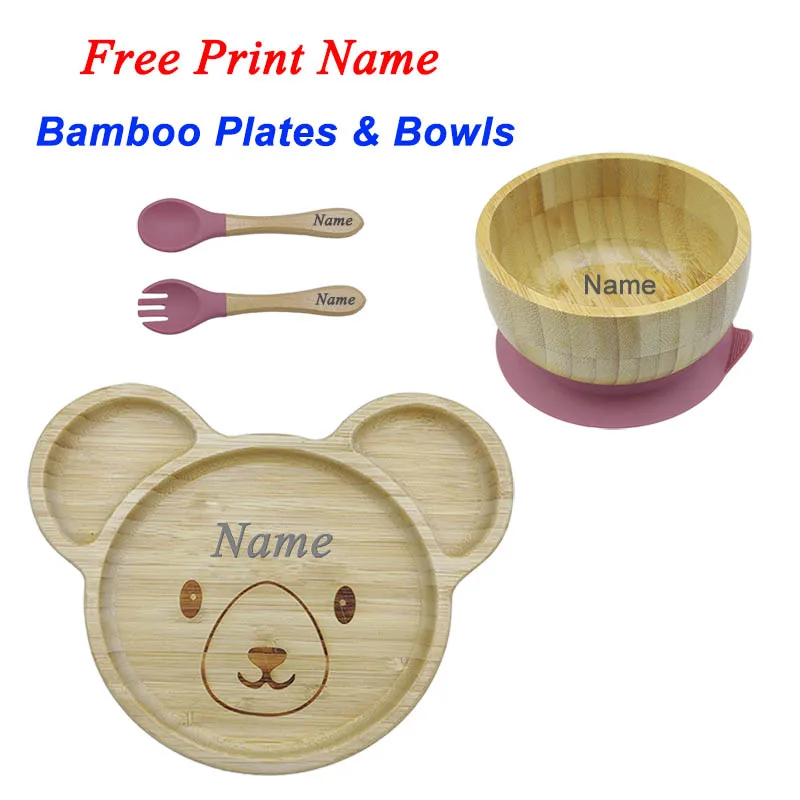 Baby Bamboo Feeding Plate Bowl Personalized Name Baby Feeding Set Kids Supplie Bamboo Dinnerware Silicone Tableware Newborn Gift