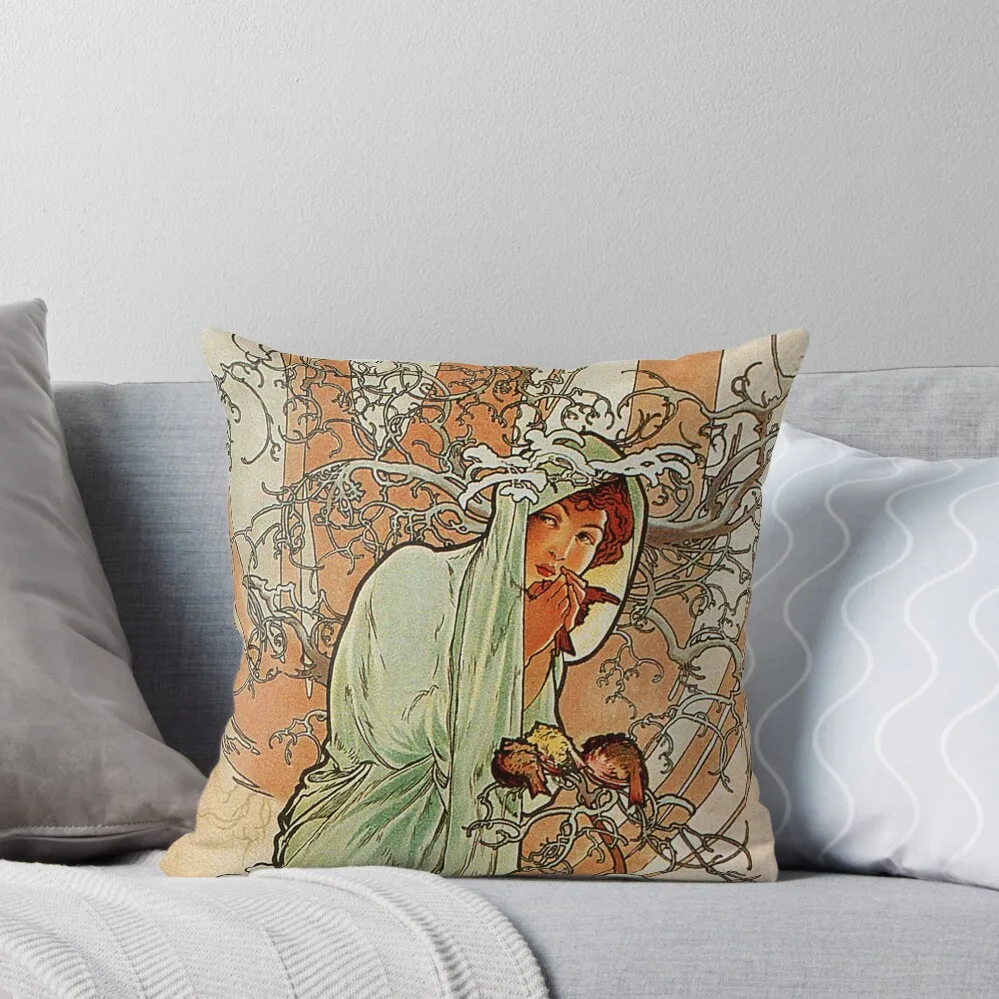 Winter by Mucha - Vintage Four Seasons Reproduction 1896 Throw Pillow Sofa Cushion bed pillows pillow