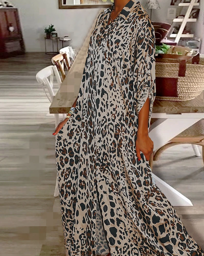 Dresses Woman Summer 2025 Trend Leopard Print A Line Long Sleeve Front Shirt Dress for Women Elegant Midi Women's Dress