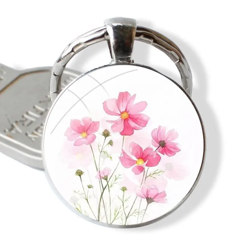 25mm Glass Cabohcon Keychain Key Rings for Women Men Jewelry Gift Illustration Beautiful Flowers