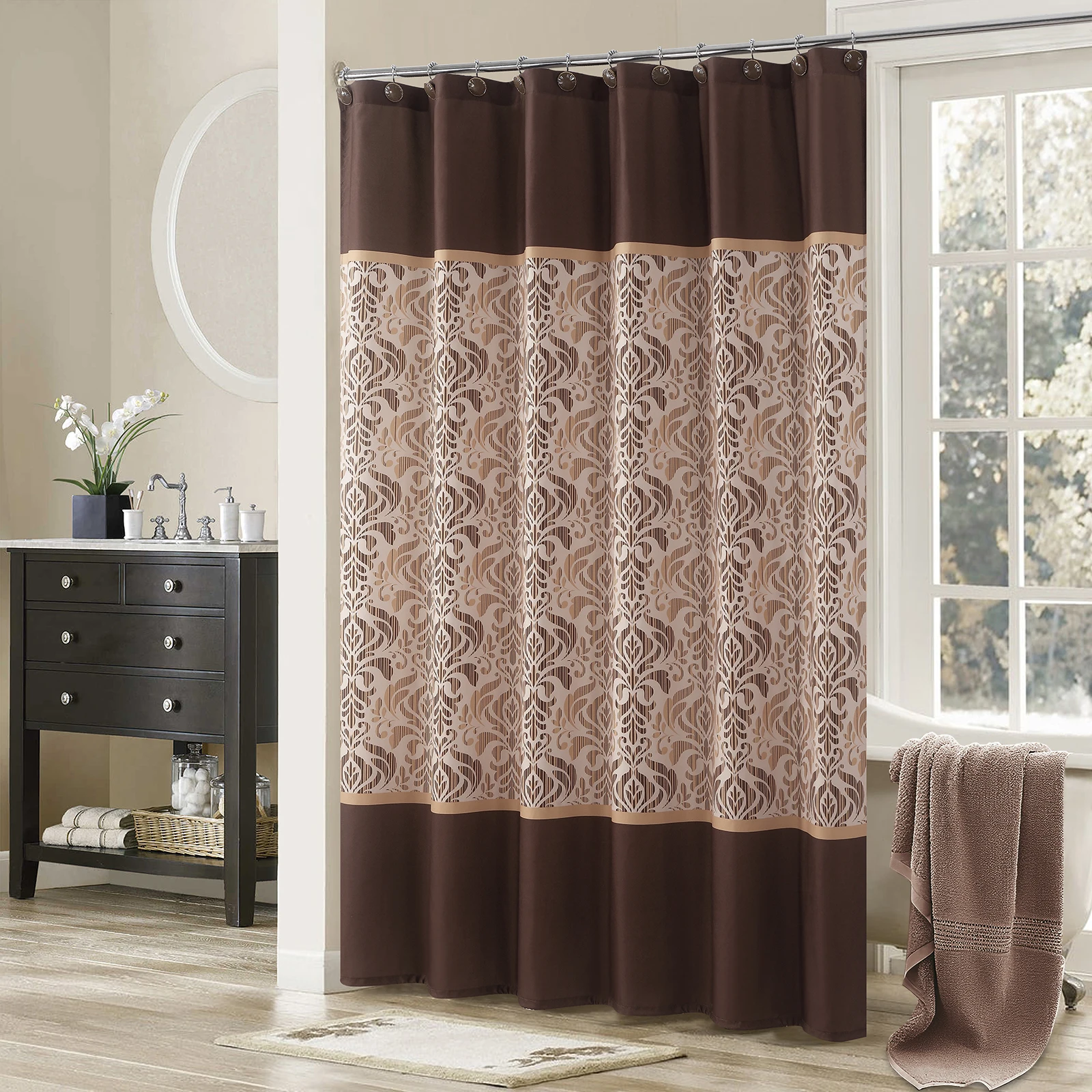 

Sterling Chocolate Brown Damask Print Farmhouse Classic Shower Curtain Waterproof Polyester Modern Bathroom Decor