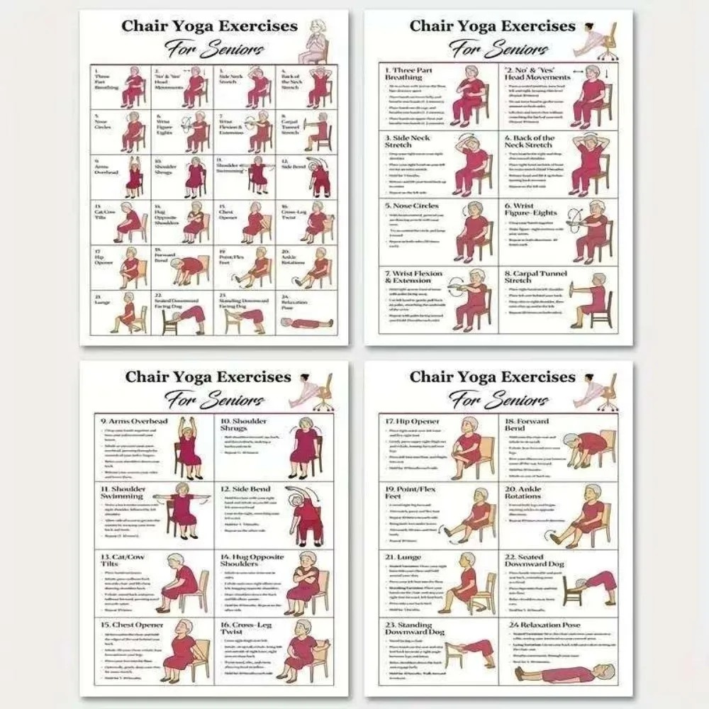 

Новые 4-листовые плакаты для йоги на стуле: красно-синие схемы физических упражнений сидя, 8x10 дюймов, большой размер, руководства по фитнесу для начинающих
