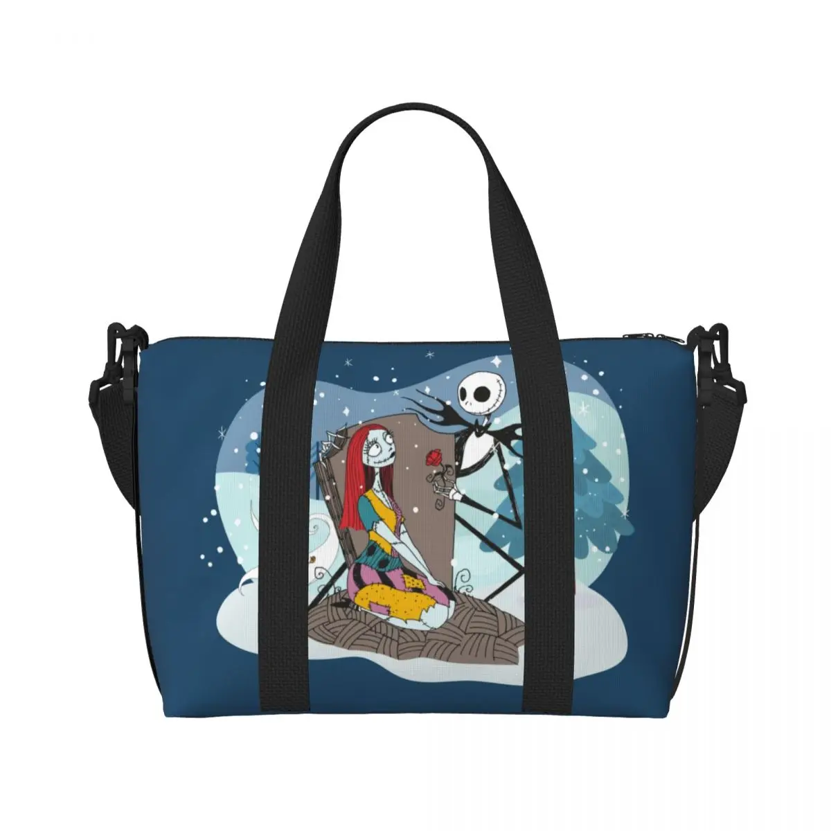 Custom Jack Skellington And Sally Beach Tote Bag for  The Nightmare Before Christmas Movie Compartment Gym Beach Travel Bags