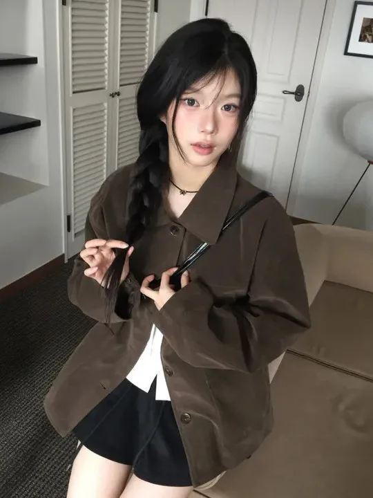 Loose Short Deer Skin Velvet Jacket Women's Korean Style Autumn Winter Outerwear Casual Street Fashion College Campus Wear