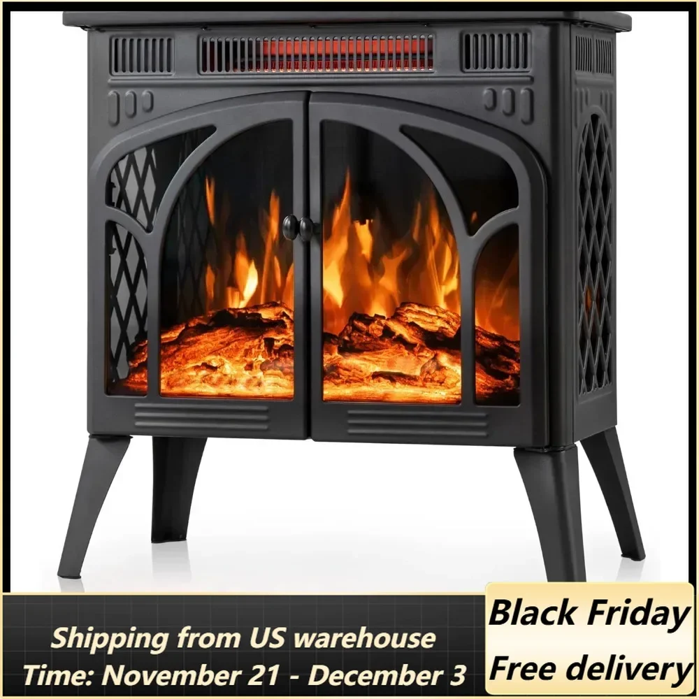 24Inch Electric Fireplace Stove , Free-Standing Infrared Fireplace Stove, Controllable 3D Flame, 4 Variable Flame&Log Colors, 15