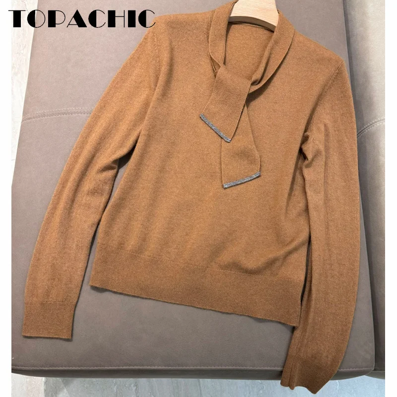 11.15 TOPACHIC-Women Beading Chain Scarf Collar Cashmere Knitwear 2024 Autumn Winter New Soft All-matches Long Sleeve Sweater