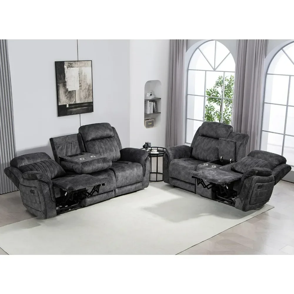 Power Reclining Living Room Set with Adjustable Headrest, Power Reclining Sofa and Loveseat Set with USB Port/Console/Cup Holder