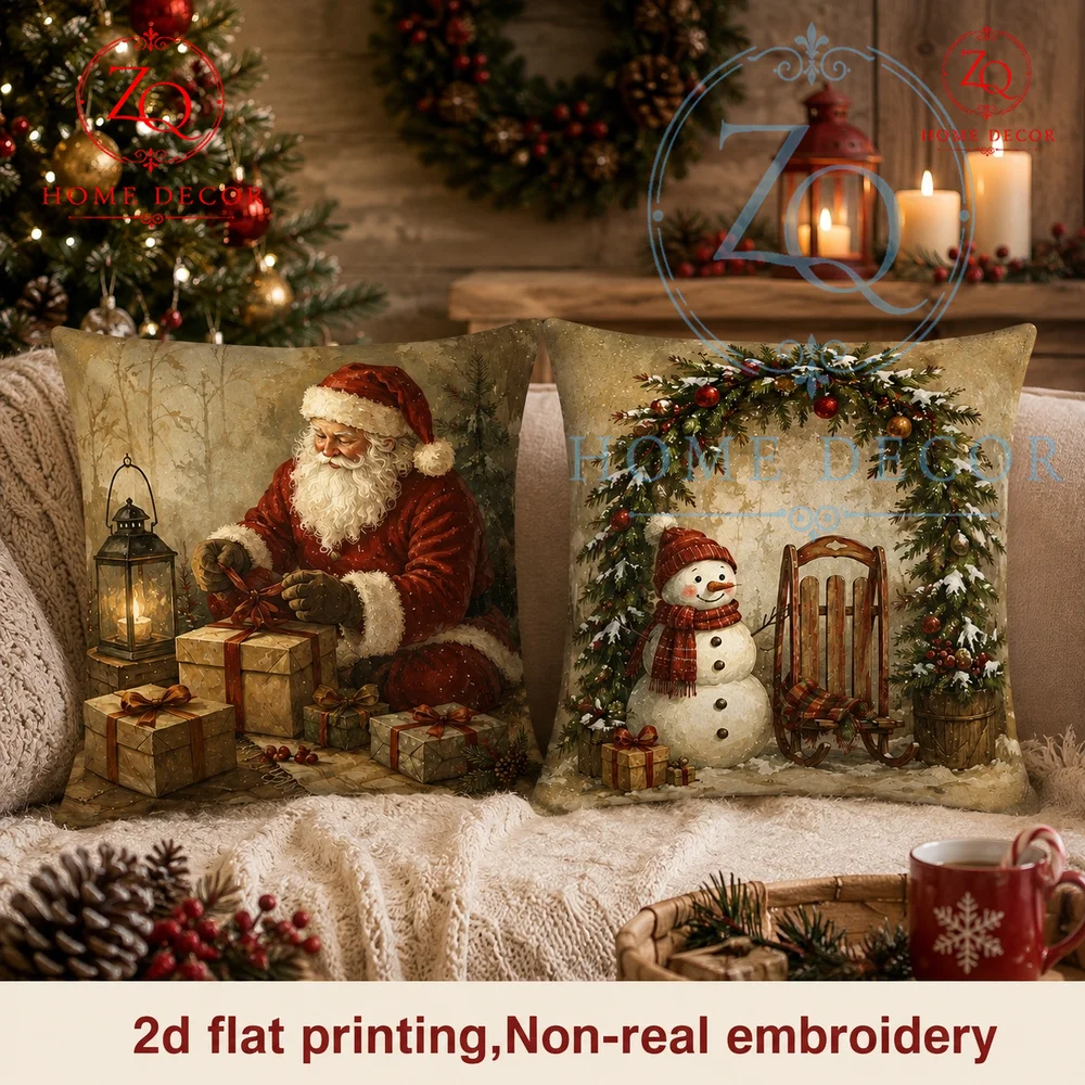 Vintage Christmas Santa Claus Throw Pillow Cover Rustic Farmhouse Holiday Cushion Case   Bed Warm Xmas Decor Gift  Home