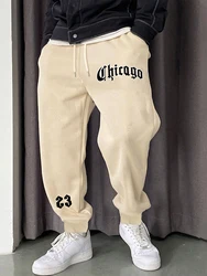 ZAFUL Men's Chicago Letter Printed Fleece-lined Ribbed Beam Feet Drawstring Jogger Pants