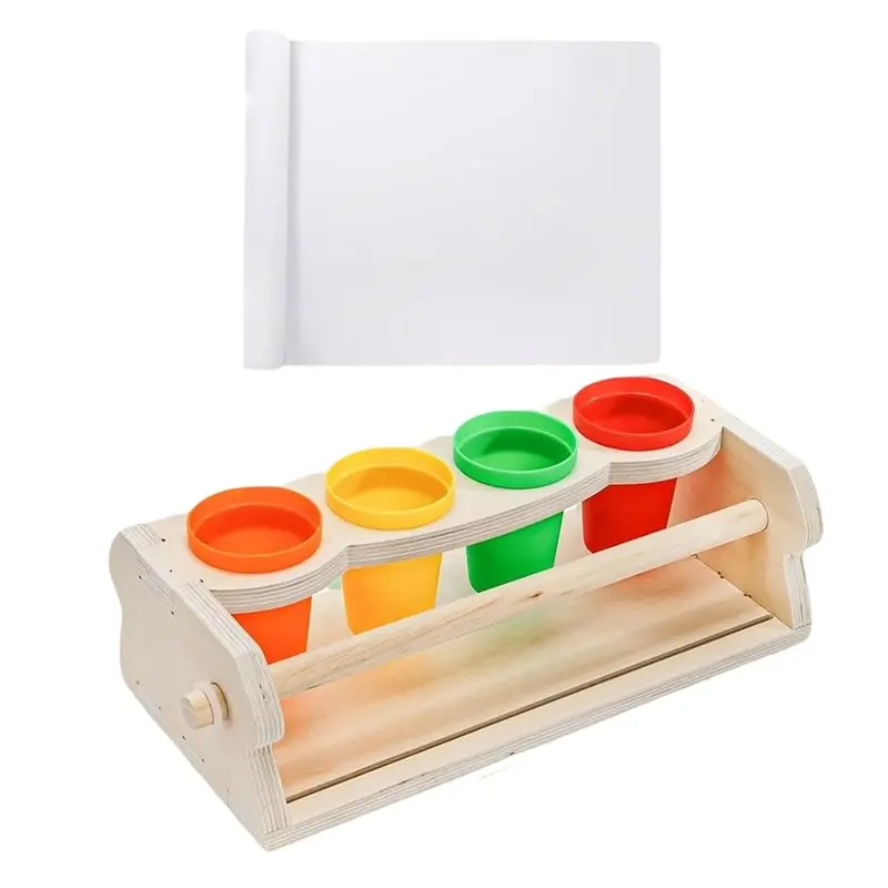 AT82-Wooden For Drawing Graffiti Art Paper Roll Dispenser Tabletop Holder With 1 Roll& 4 Pencil Cups
