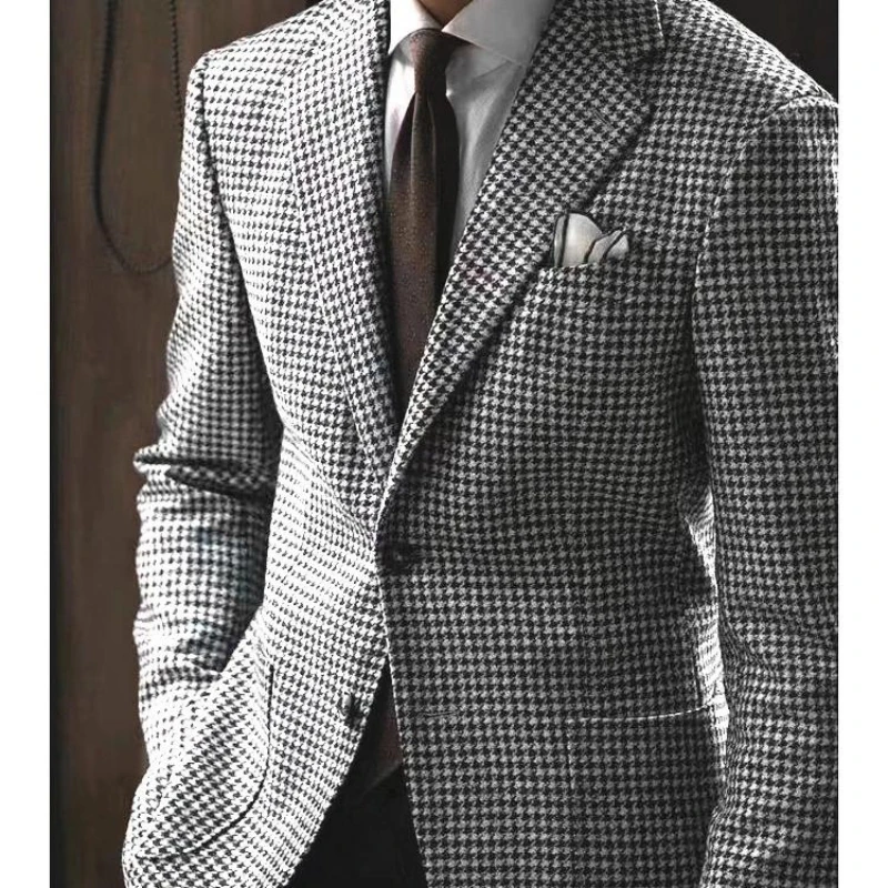 سترة رجالية بنقشة Houndstooth سترة سميكة واحدة الصدر أسود أبيض منقوشة ريترو أنيقة ملابس زفاف رجالية غير رسمية