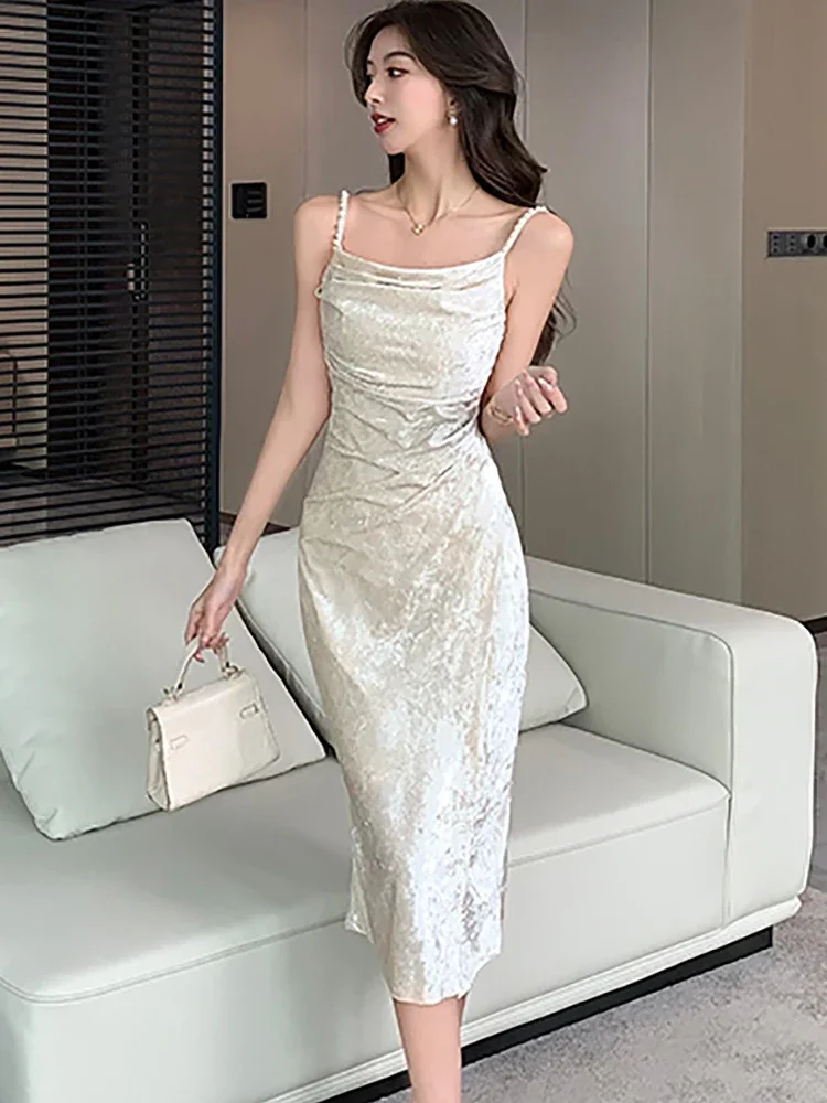 2024 nuovo raso di velluto bianco elegante diamanti fionda abito sexy moda donna abito da festa di lusso autunno inverno abito da notte aderente