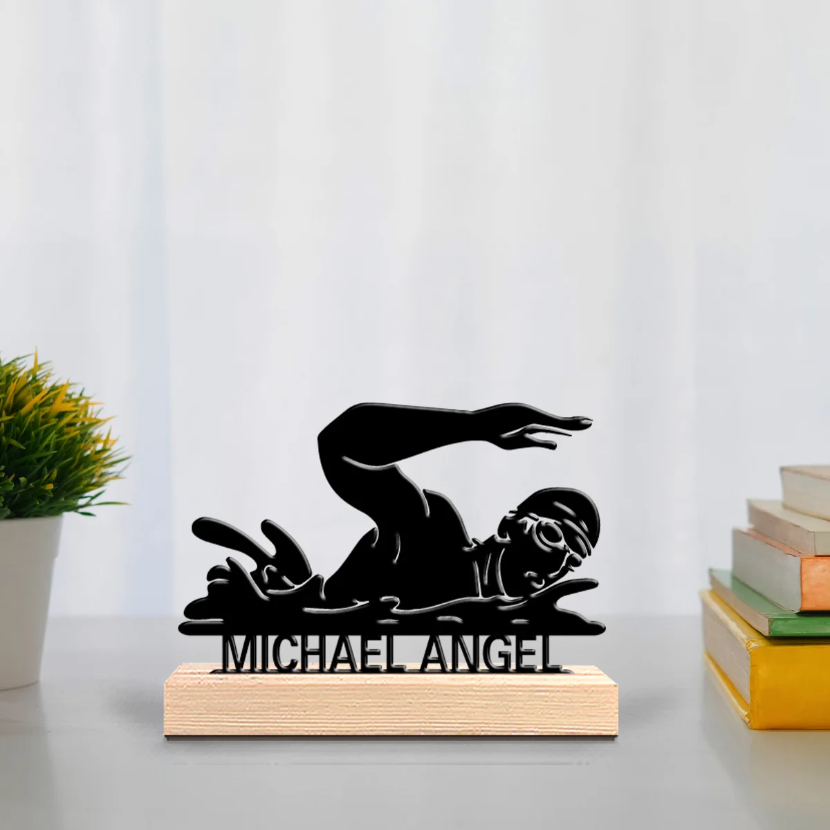 1 قطعة تماثيل معدنية مخصصة للسباحة على الموضة فن معدني مع قاعدة خشبية مثالية لغرف النوم والهدايا الرجالية وأعياد الميلاد والكري #1