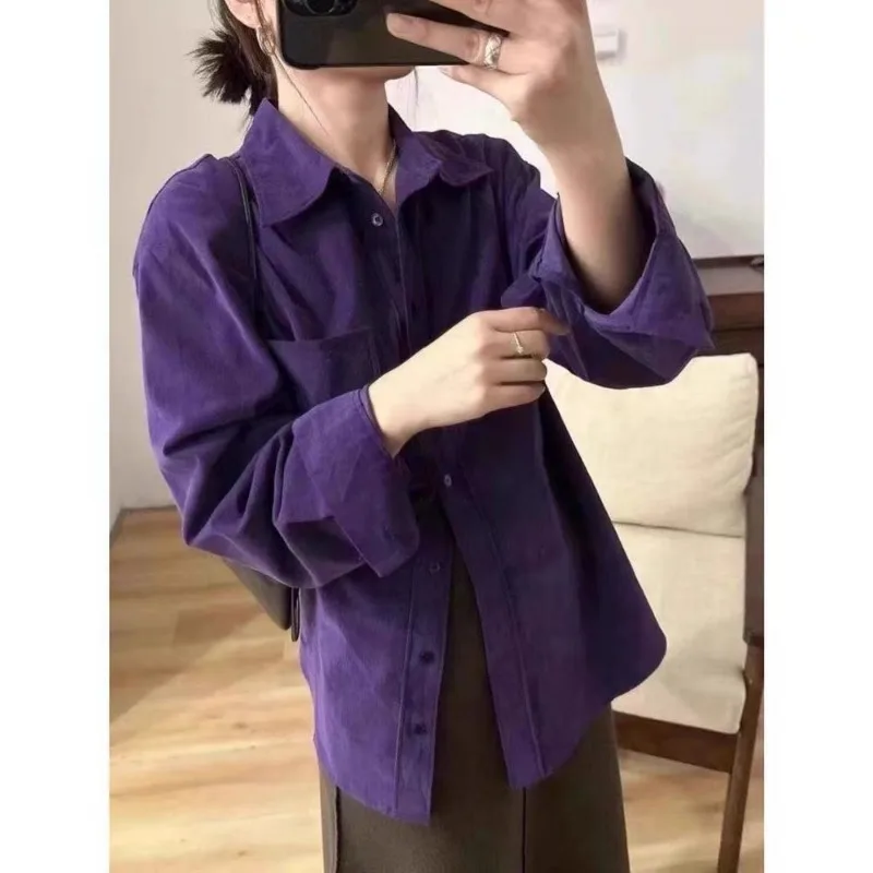 Vintage Women Spring Autumn Corduroy Long Sleeve Shirt Loose Lazy Casual Turn Down Collar Outer Blouse